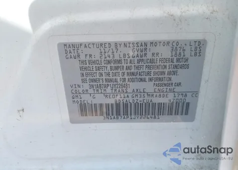 2018 Nissan Sentra Sv z USA, uszkodzony, nr VIN 3N1AB7AP1JY226481